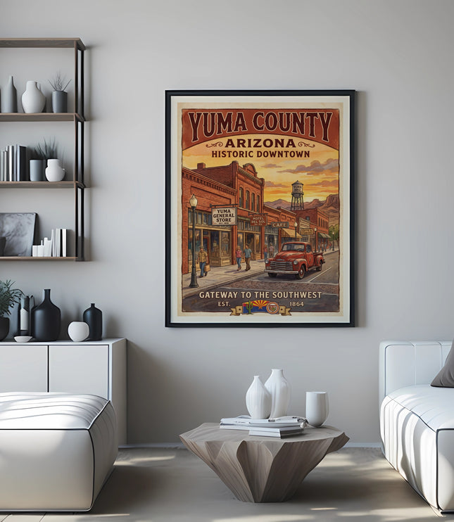 Framed poster of Yuma County, Arizona historic downtown with red pickup truck.