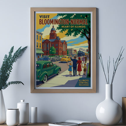 Vintage travel poster for Bloomington-Normal, Illinois, showing a train and classic cars.