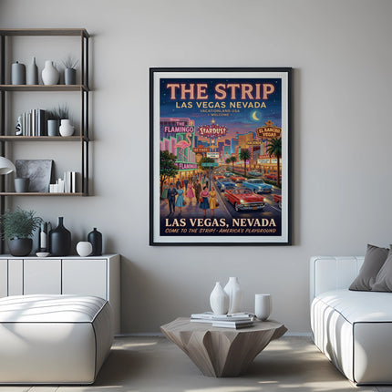 Vintage poster of Las Vegas Strip with Flamingo and Stardust signs, traffic, and people. L: 15 words