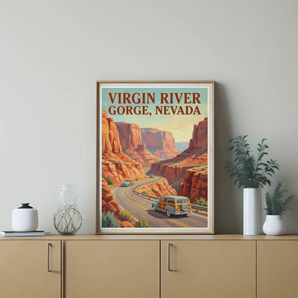 Poster of Virgin River Gorge, Nevada with vintage cars on a winding road.