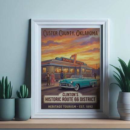 Custer County, Oklahoma poster featuring Sunset Diner, a classic car, and Route 66 historical text.