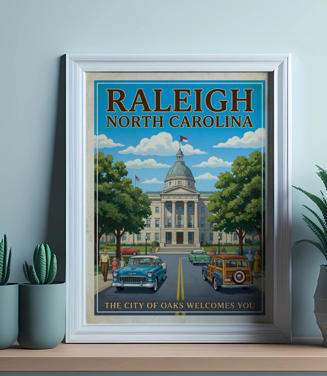 Framed art print: Raleigh, North Carolina, "The City of Oaks" welcomes you.