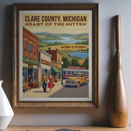 Clare County, Michigan poster with vintage shops, couple, truck, and text.