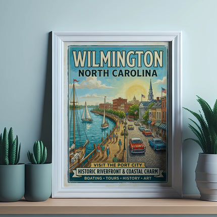 Wilmington, North Carolina travel poster with riverfront, boats, and historic buildings.