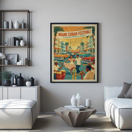 Miami Cuban Festival poster with vintage cars and people dancing.