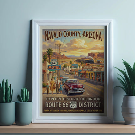 Navajo County, Arizona Route 66 poster featuring vintage cars, motels, and desert landscape.