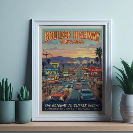 Vintage Boulder Highway Nevada poster with classic cars and neon signs.
