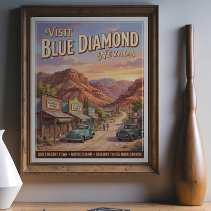 Vintage travel poster for Blue Diamond, Nevada, highlighting its desert charm and proximity to Red Rock Canyon.