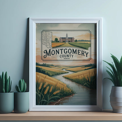 Framed Montgomery County Kansas map art with a river and fields.