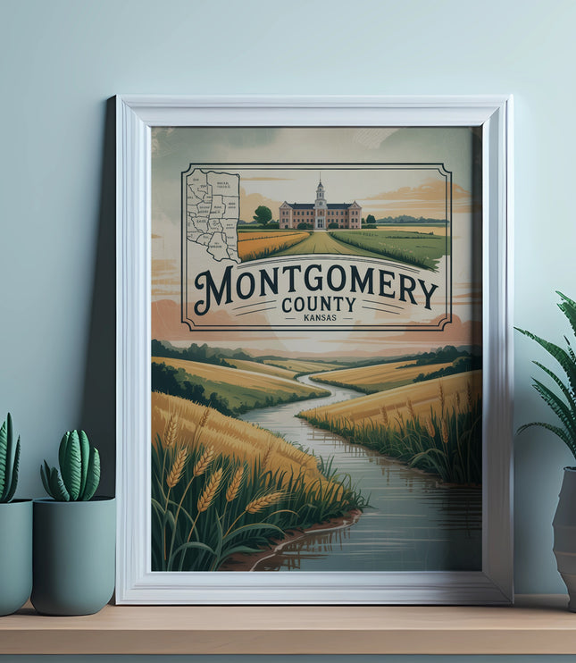 Framed Montgomery County Kansas map art with a river and fields.