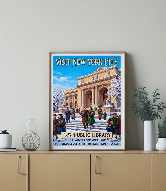 "Visit New York City" poster featuring the Public Library in winter.