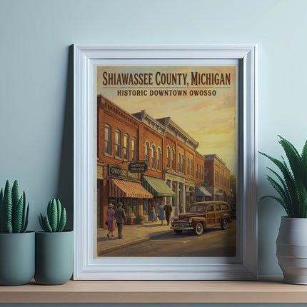 Vintage poster of Shiawassee County, Michigan, historic downtown Owosso.