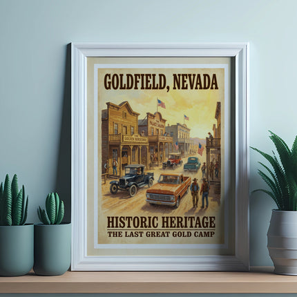 Goldfield, Nevada Historic Heritage poster showing saloons and a vintage street scene.