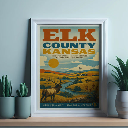 Elk County Kansas vintage travel poster with elk, landscape, and text.