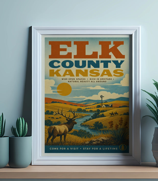 Elk County Kansas vintage travel poster with elk, landscape, and text.