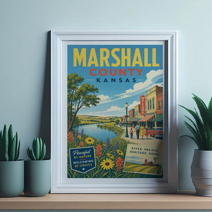 Marshall County Kansas poster with colorful buildings, river, and text.