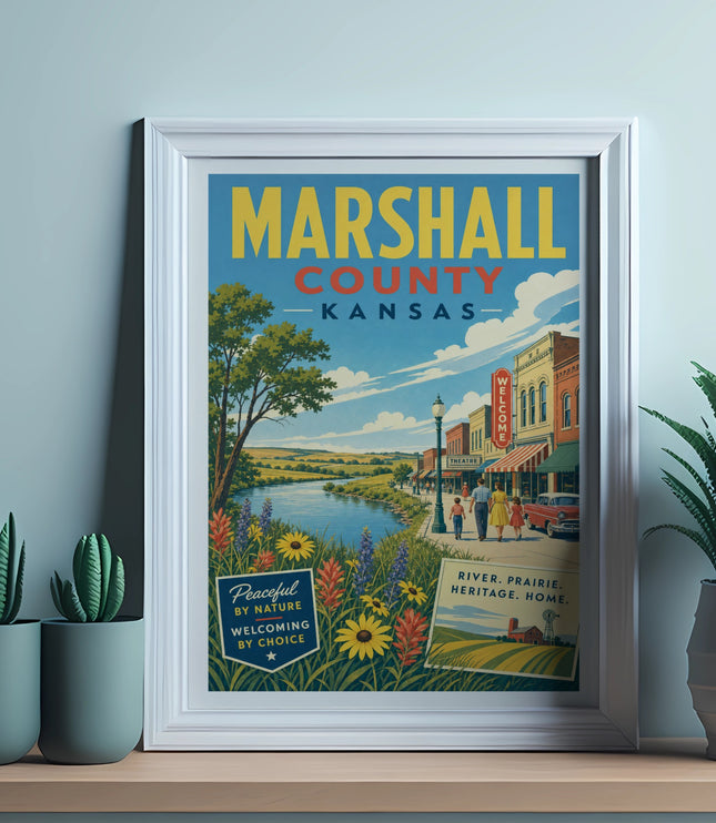 Marshall County Kansas poster with colorful buildings, river, and text.