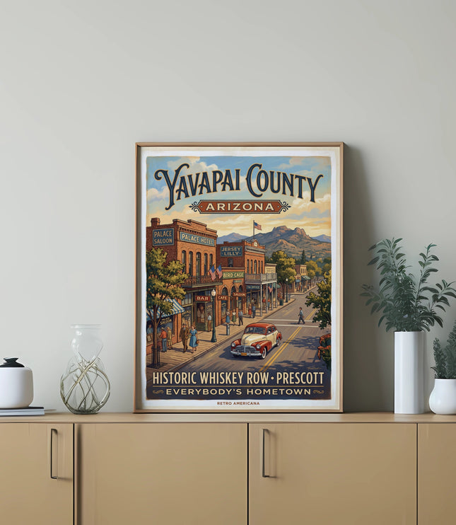 Vintage travel poster for Yavapai County, Arizona, depicting Whiskey Row in Prescott.