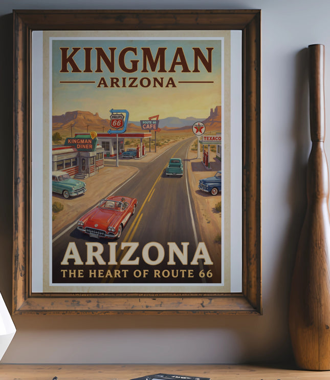 Framed Route 66 poster featuring vintage cars, diners, and gas stations in Arizona.