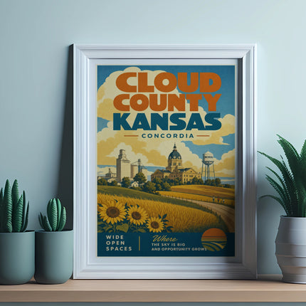 Framed poster of Cloud County, Kansas, featuring sunflowers and town buildings.