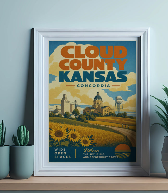 Framed poster of Cloud County, Kansas, featuring sunflowers and town buildings.
