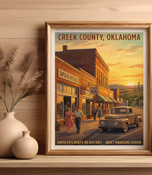 Creek County, Oklahoma art depicting Sapulpa's Route 66 District with a vintage truck.