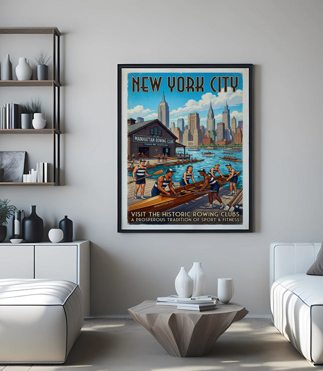 New York City poster featuring Manhattan Rowing Club and rowing crews.