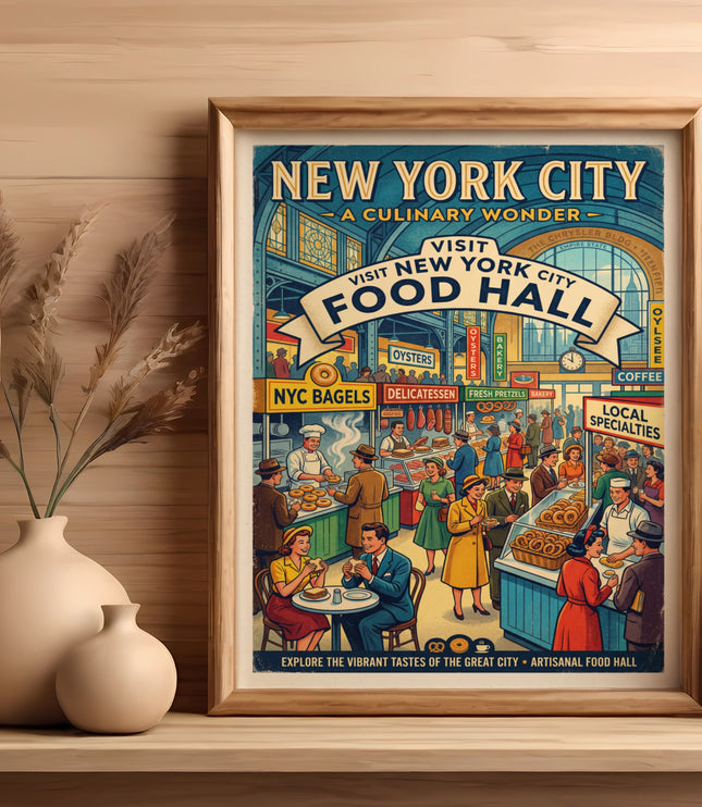 Framed vintage poster "Visit New York City Food Hall" with people shopping, 1950s style.