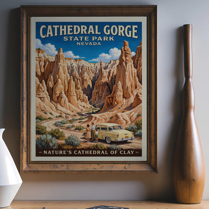 Cathedral Gorge State Park, Nevada vintage travel poster with family and car.