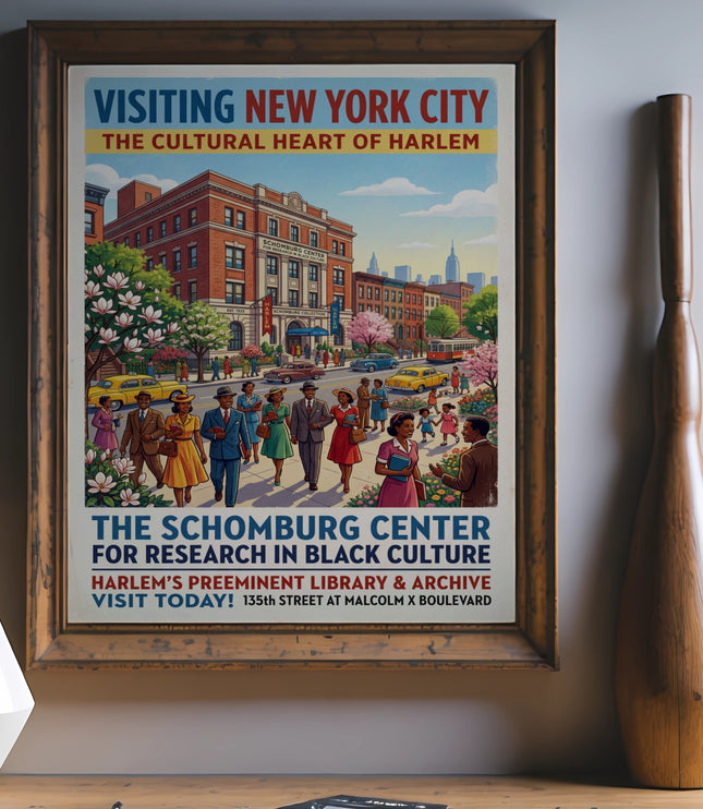 Vintage poster depicting the Schomburg Center in Harlem with people walking.