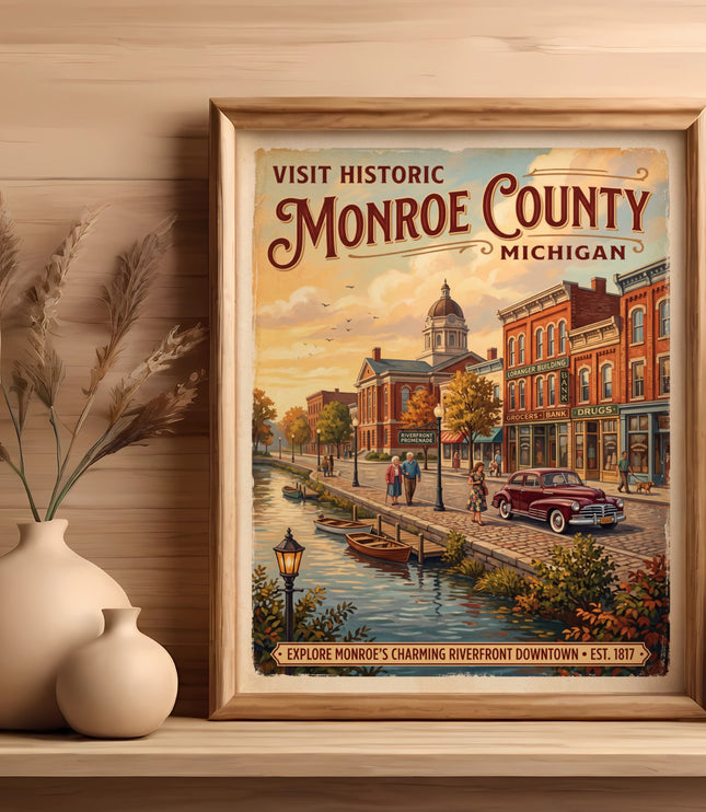 Vintage travel poster for Monroe County, Michigan with a riverfront downtown scene.