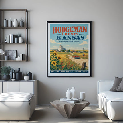 Vintage Hodgeman County Kansas travel poster with rural scene and text.