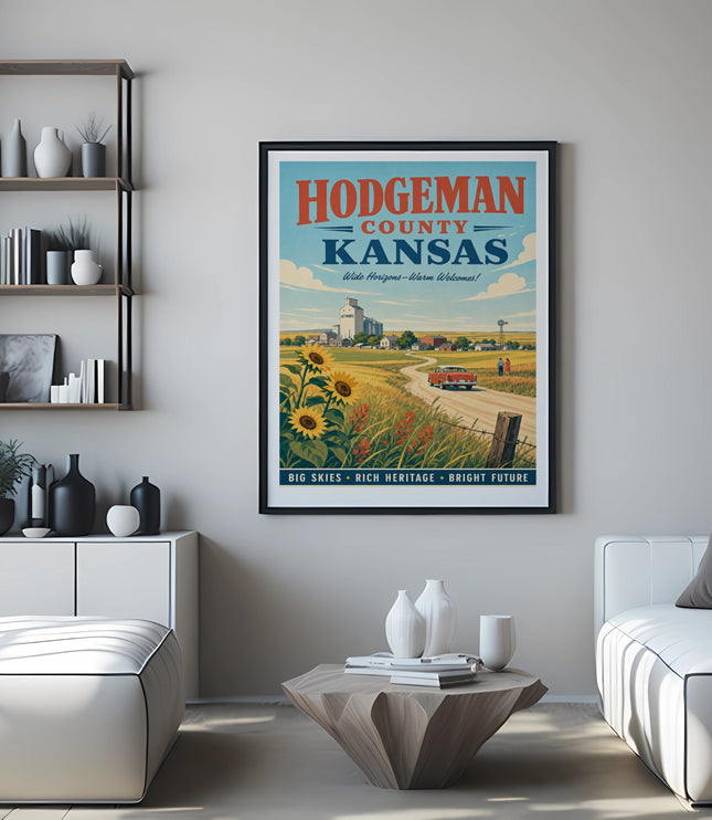 Vintage Hodgeman County Kansas travel poster with rural scene and text.