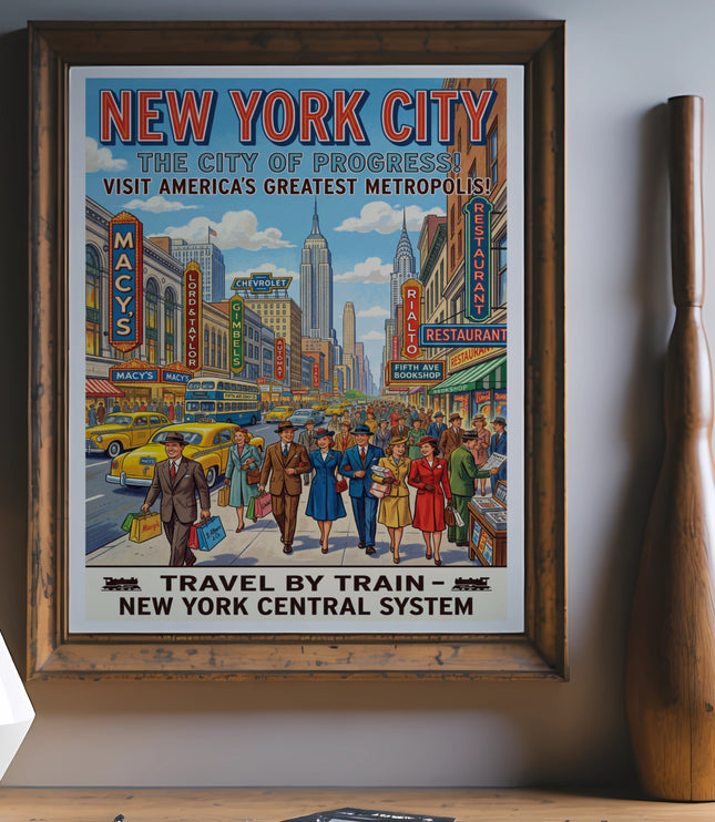 Vintage New York City poster showing Empire State Building, stores, and people, promoting train travel.