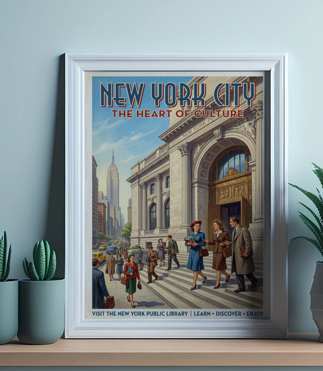 Vintage poster "New York City The Heart of Culture" depicting the New York Public Library and Empire State Building.