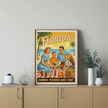 Vintage Florida family picnic poster with text "Family Picnics Are Fun!"