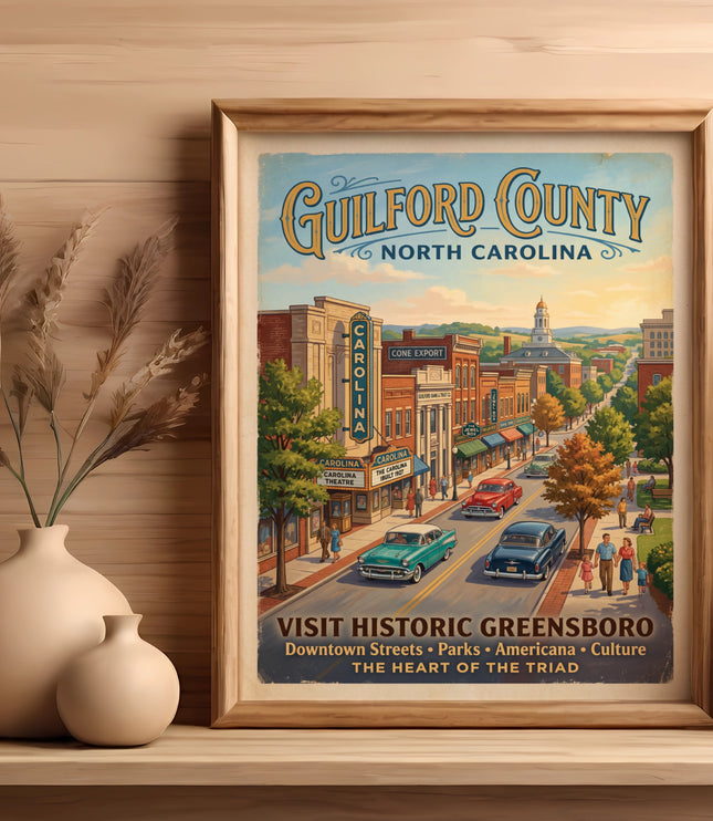 Guilford County, North Carolina vintage travel poster featuring downtown Greensboro.