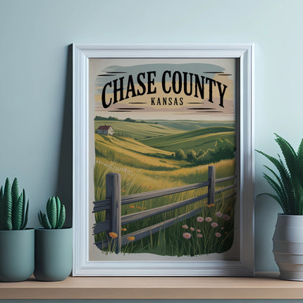 Chase County, Kansas vintage travel poster with rolling hills and fence.