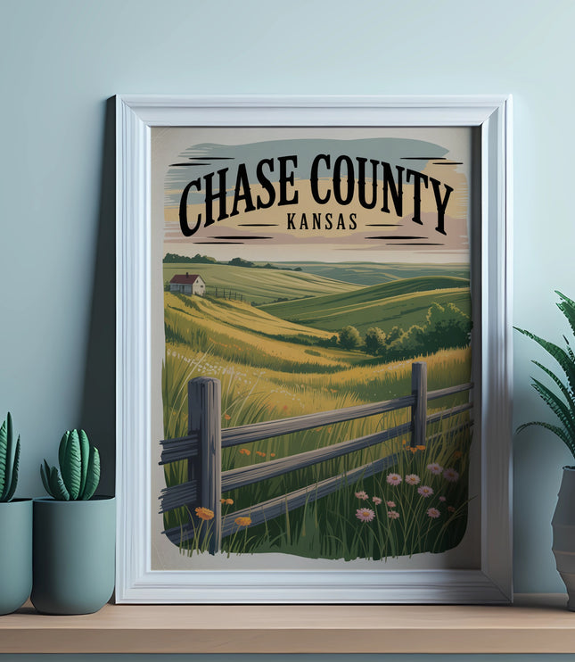 Chase County, Kansas vintage travel poster with rolling hills and fence.