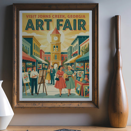 Art fair poster for Johns Creek, Georgia, featuring stalls and people.