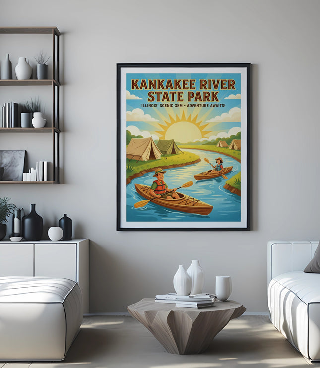 Kankakee River State Park poster with kayakers, tents, and sun.