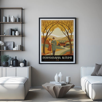 Art Deco travel poster for Pennsylvania Autumn, 1930, featuring couple.
