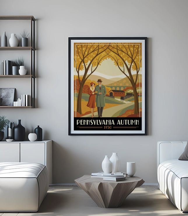 Art Deco travel poster for Pennsylvania Autumn, 1930, featuring couple.