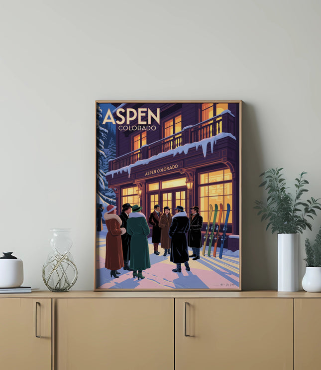 Aspen Colorado vintage travel poster with skiers outside illuminated storefronts.