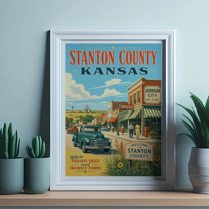 Vintage poster of Stanton County, Kansas, featuring a 1950s town scene.