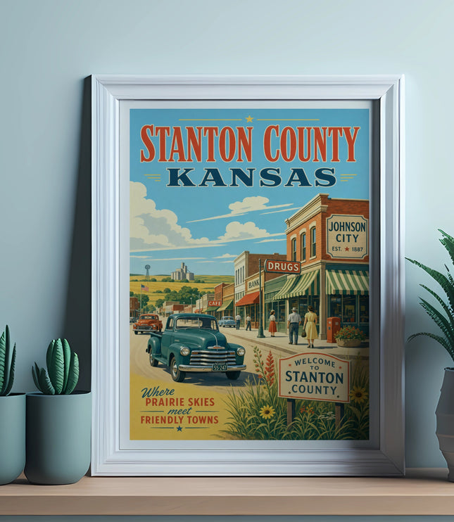 Vintage poster of Stanton County, Kansas, featuring a 1950s town scene.