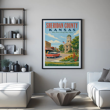 Poster of Sheridan County, Kansas, featuring Hoxie with a red car.