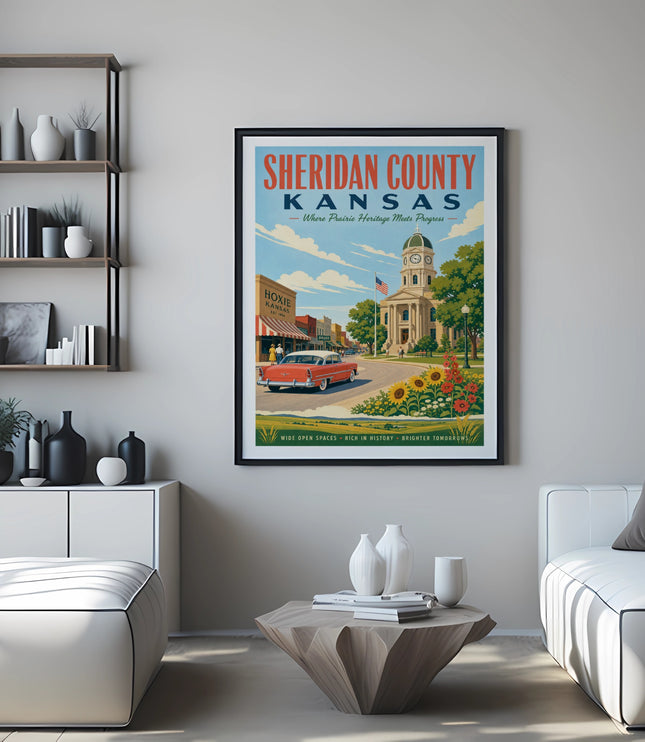 Poster of Sheridan County, Kansas, featuring Hoxie with a red car.