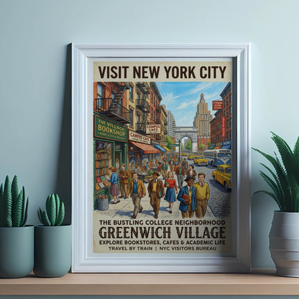 Vintage poster of New York City's Greenwich Village with text.