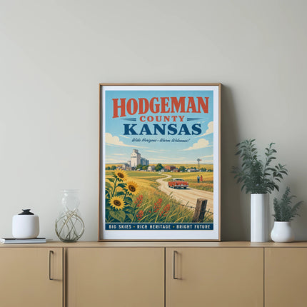 Hodgeman County, Kansas vintage travel poster with farm scene and text.